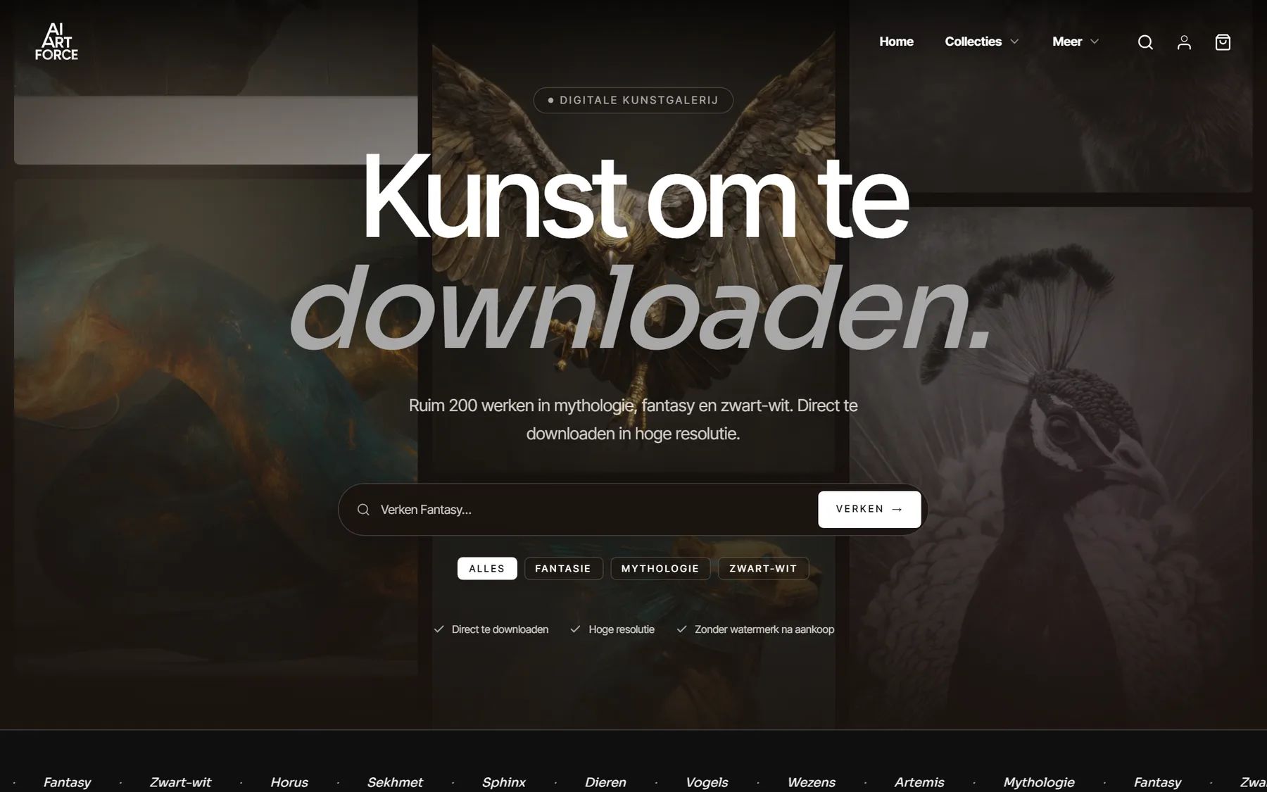 De homepage van aiartforce.nl met de kop “Kunst om te downloaden”