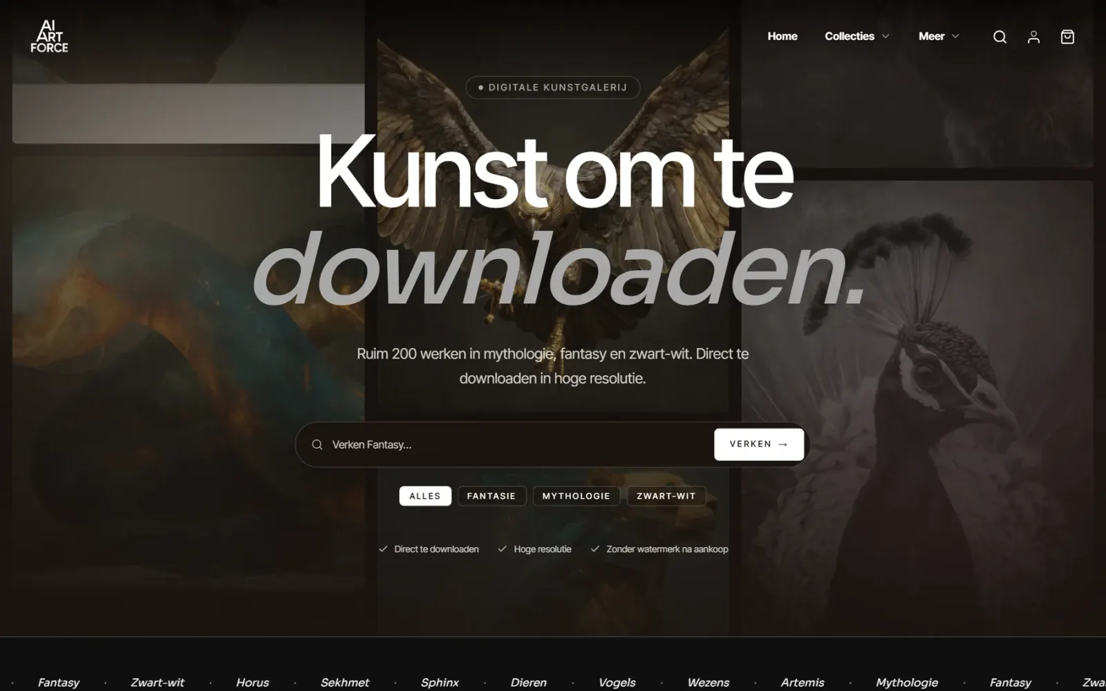 De homepage van aiartforce.nl met de kop “Kunst om te downloaden”