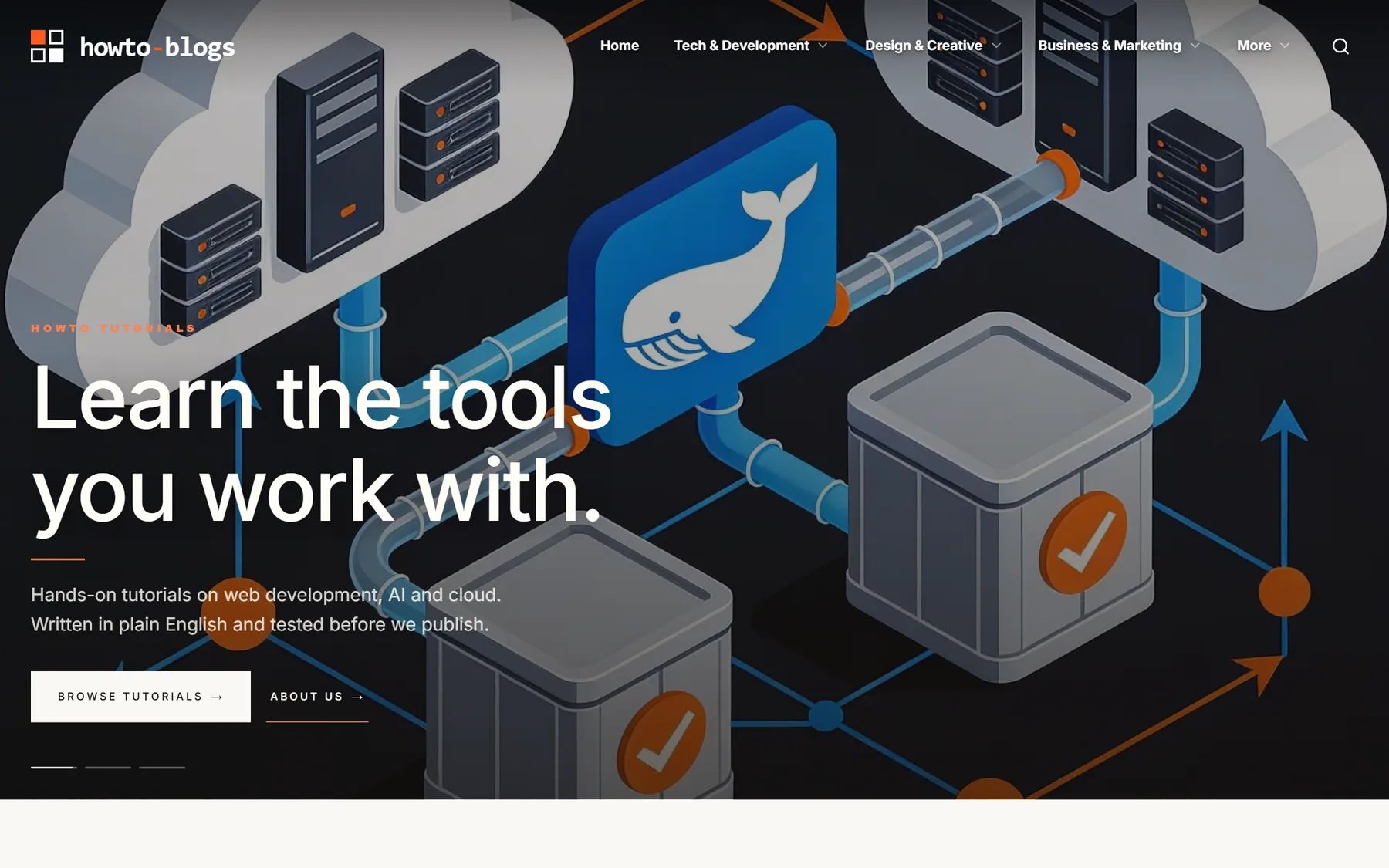 De homepage van howto-blogs.com met de kop “Learn the tools you work with”