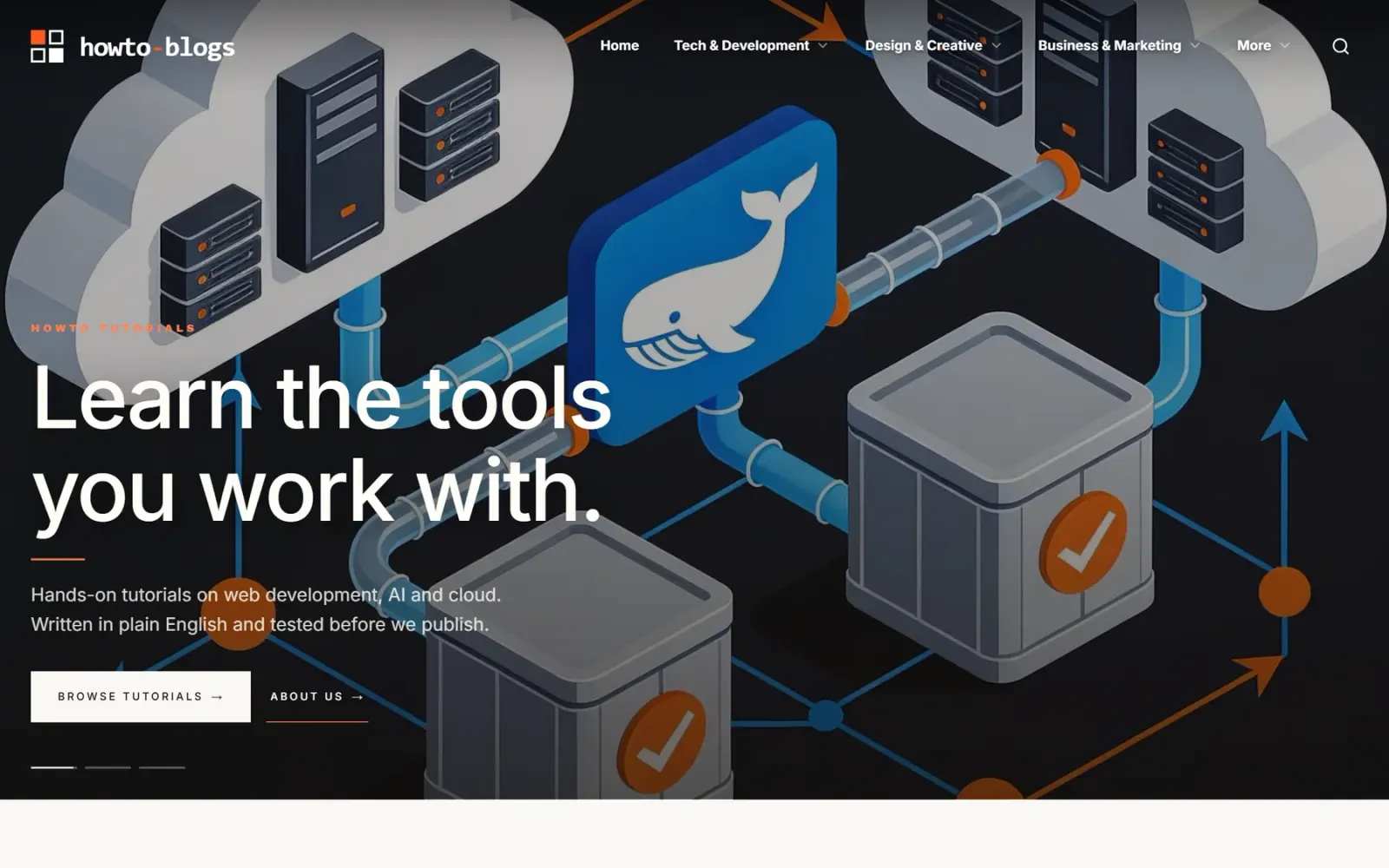 De homepage van howto-blogs.com met de kop “Learn the tools you work with”