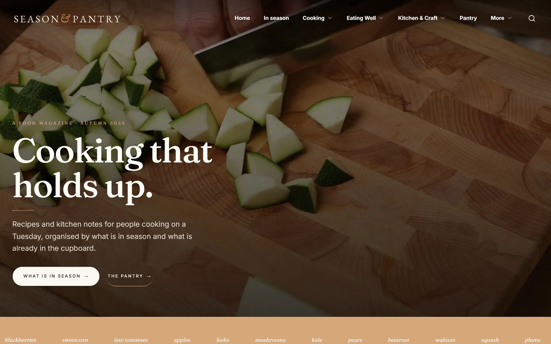 De homepage van seasonandpantry.com met de kop Cooking that holds up