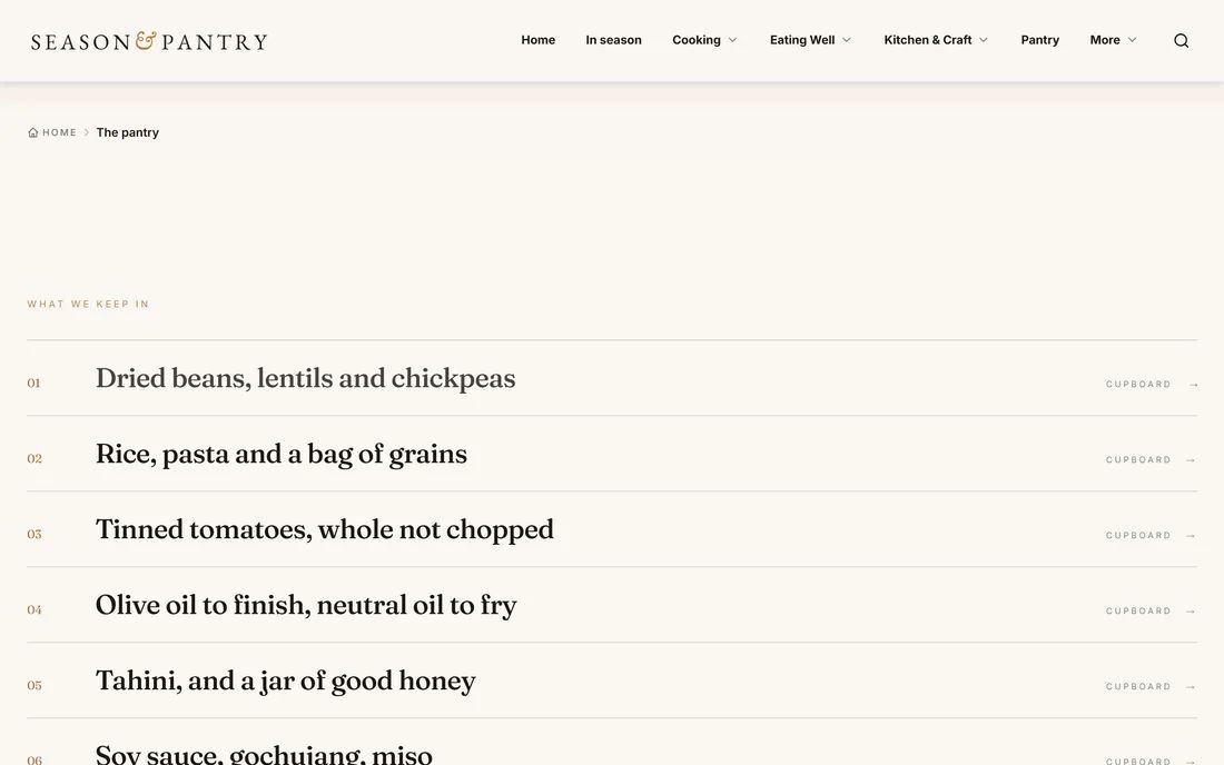 De genummerde voorraadlijst op seasonandpantry.com