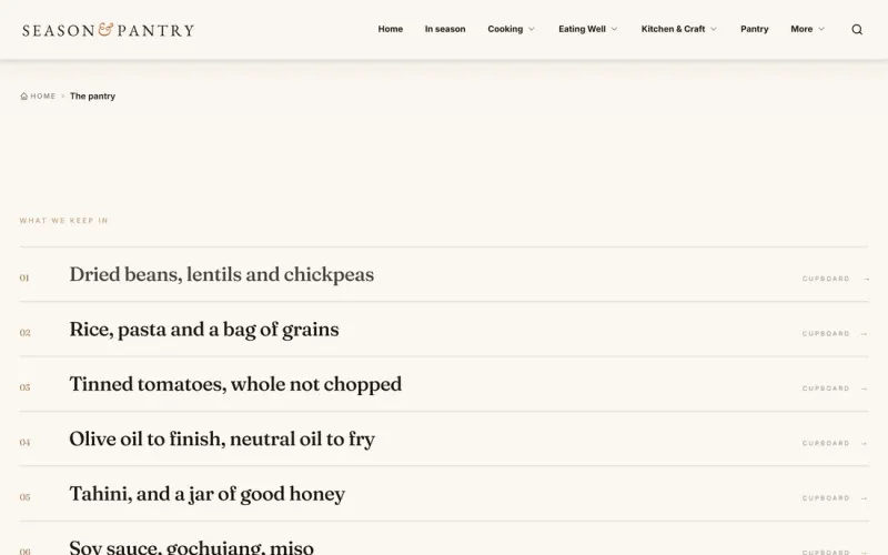 De genummerde voorraadlijst op seasonandpantry.com